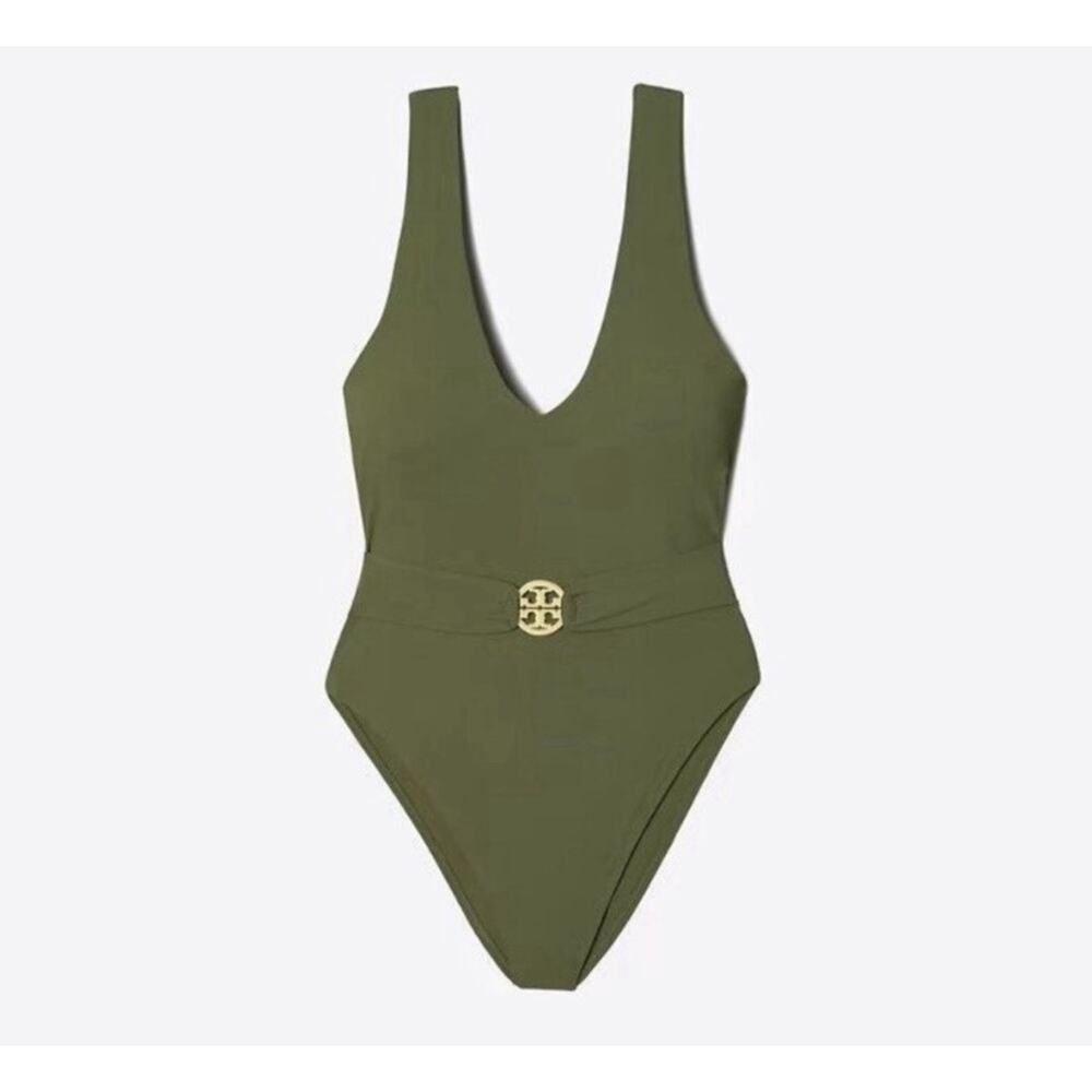 Tory Burch Miller Plunge Olive Green One-Piece Swimsuit L75121 Size: Small